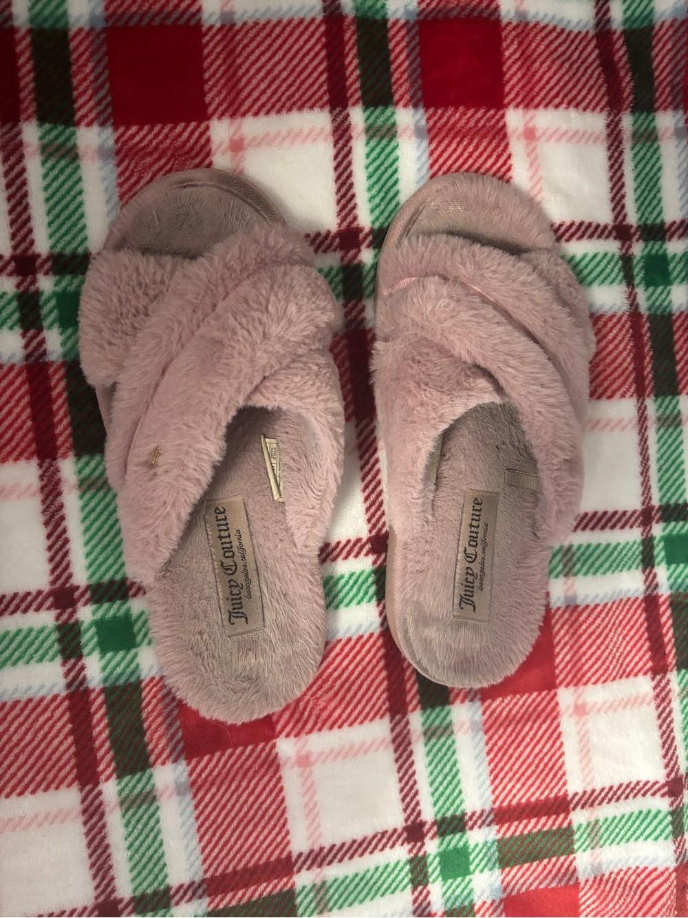 Juicy Couture Plush Crisscross Slide Slippers in Dusty Pink